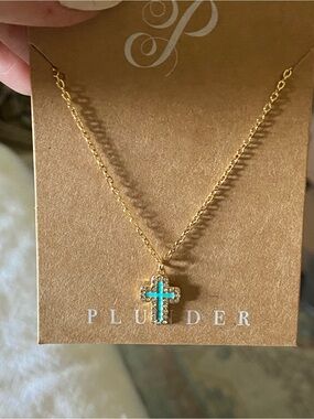 Plunder Gold Cross Necklace with Turquoise Inlay and Clear Accents
